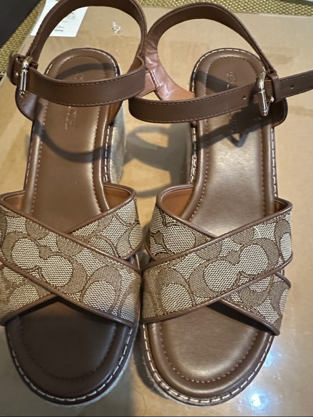 Coach Women’s Brown Signature Canvas Crisscross Sandals wedge